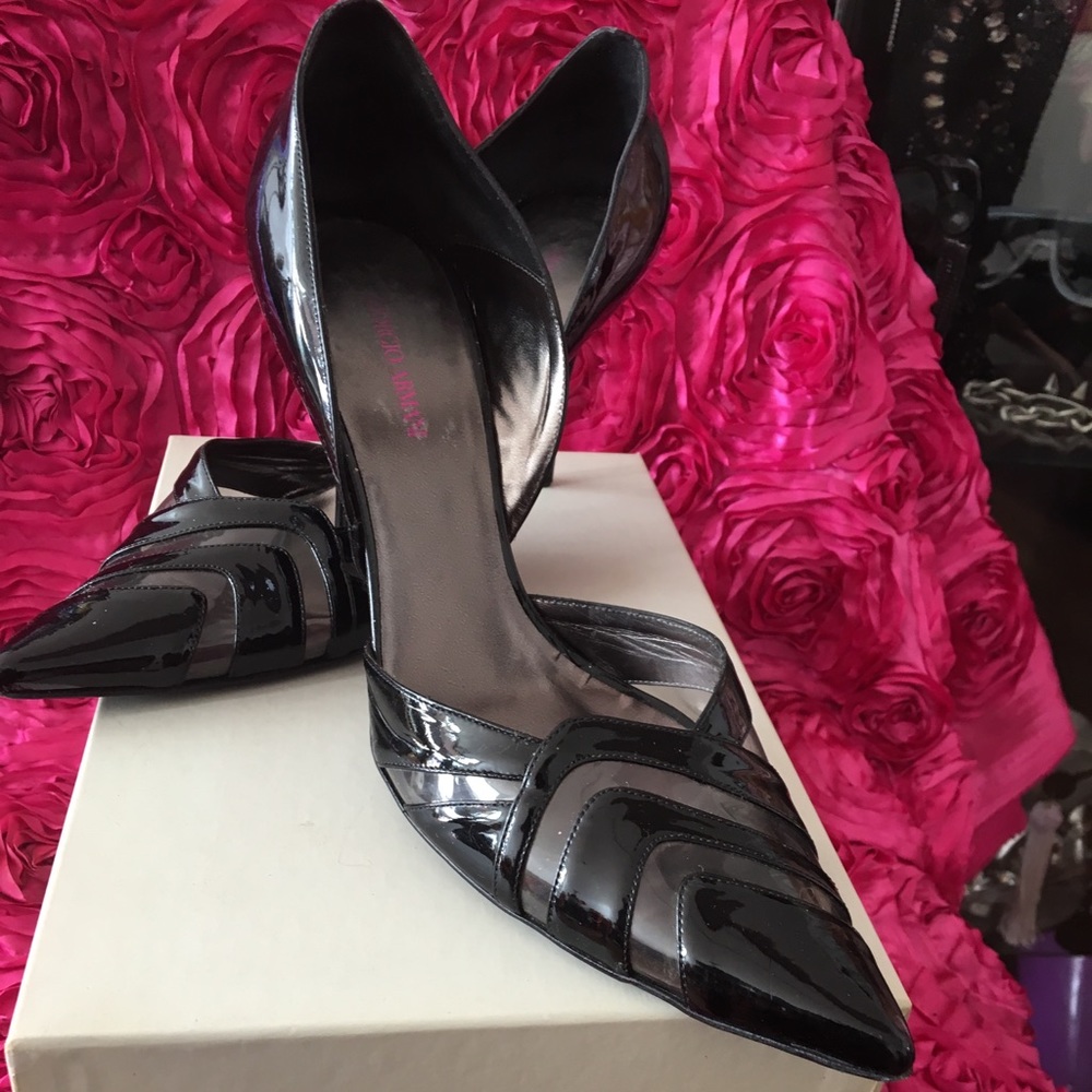 Black transparent leather striped pointed pumps
